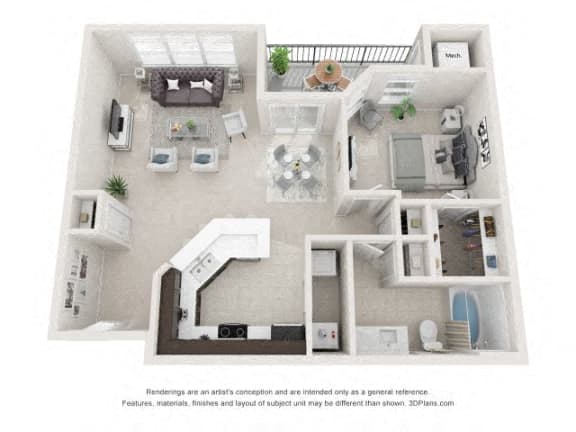 Floor plan for 1 bed, 1 bath, 822 sqft